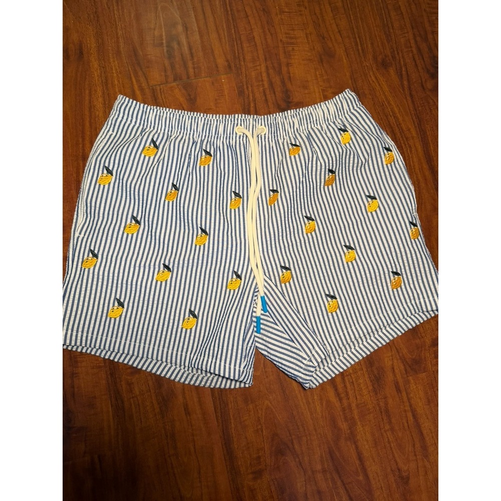 Warren Webber Beachwear Swim Trunks Men's M Lemon Embroidered Striped Shorts